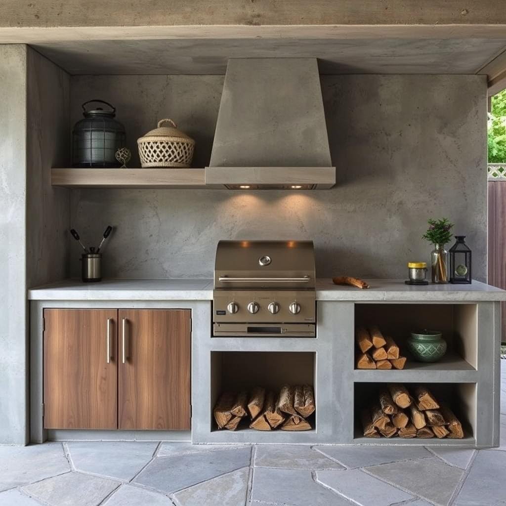 Concrete outdoor kitchen with integrated storage solutions including shelves and cabinets