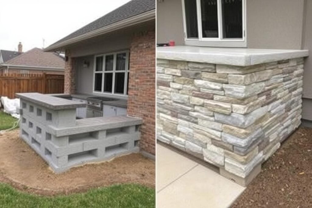 Concrete outdoor kitchen with masonry block base during construction and after finishing