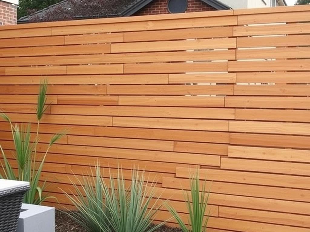 Contemporary horizontal slat fence providing privacy for outdoor living area