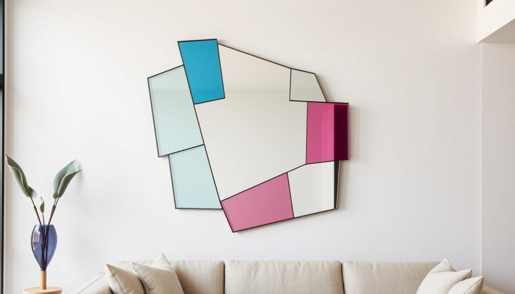 Contemporary living room featuring irregular shaped mirror with colored glass elements Contemporary living room featuring irregular shaped mirror with colored glass elements