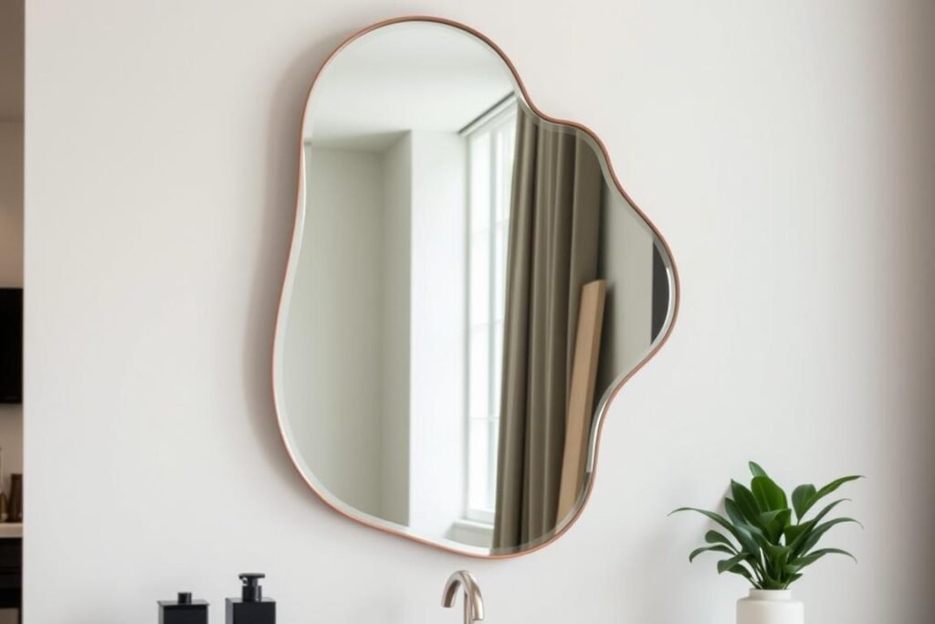 Contemporary space with irregular shaped mirror with fluid lines Contemporary space with irregular shaped mirror with fluid lines