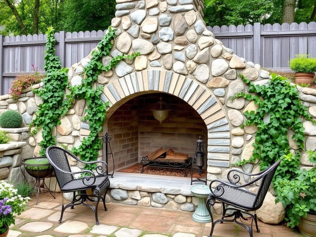 Cottage-style outdoor fireplace with climbing plants and round stones