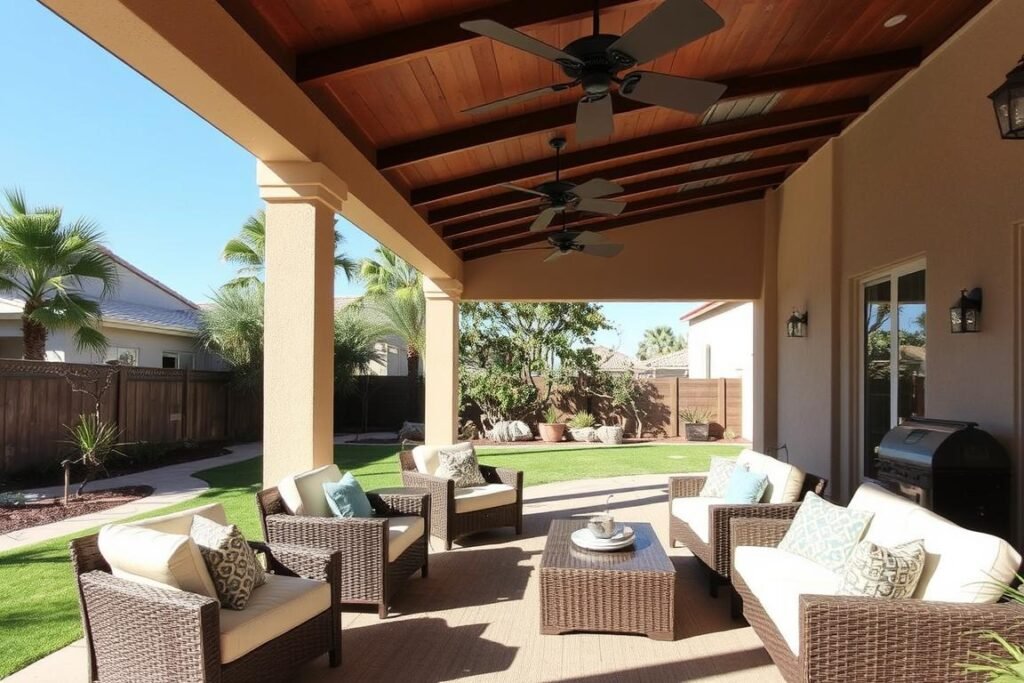 Covered outdoor living space with ceiling fans and weather-resistant furniture