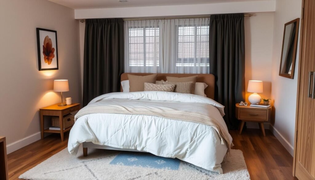 Cozy bedroom with layered bedding, soft lighting, and personal touches Cozy bedroom with layered bedding, soft lighting, and personal touches