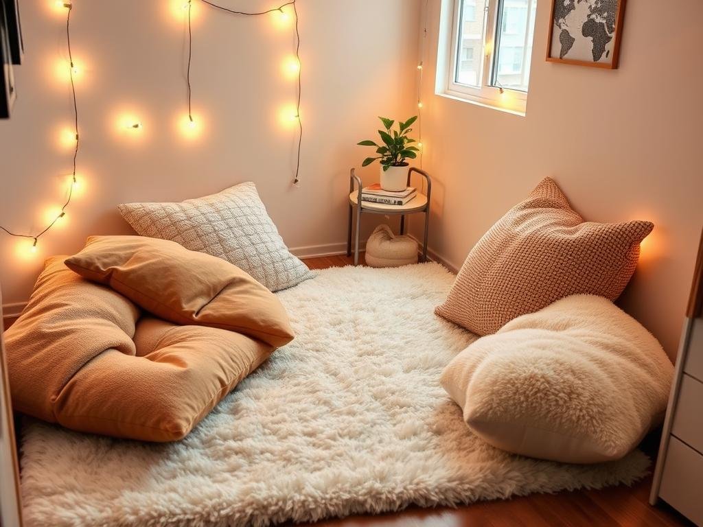 Cozy dorm room corner with plush rug, floor pillows and soft lighting Cozy dorm room corner with plush rug, floor pillows and soft lighting