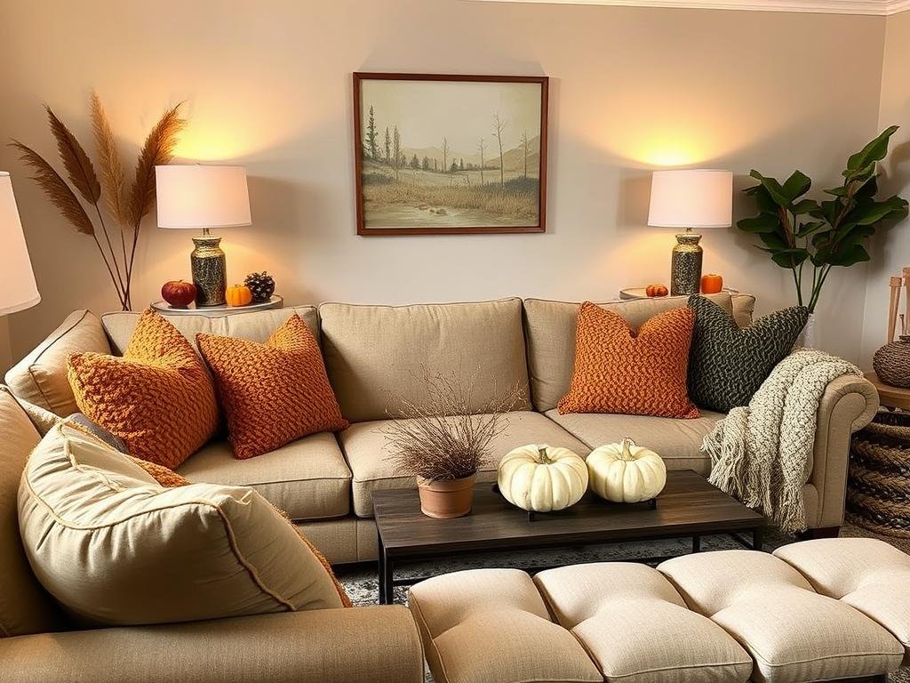 Cozy fall-themed living room with warm colors and textures