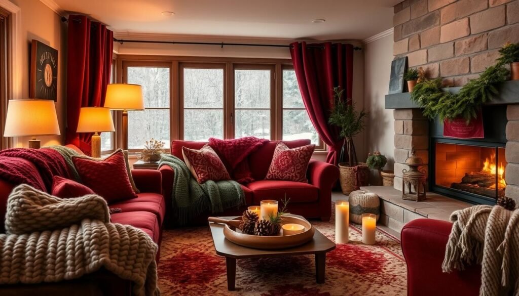 Cozy fall/winter room with rich colors, heavy textures, and warm lighting Cozy fall/winter room with rich colors, heavy textures, and warm lighting