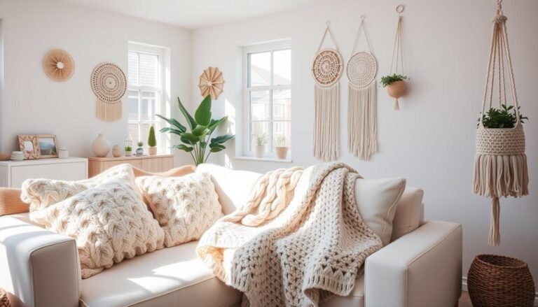 Cozy living room featuring various crochet decor items including pillows, a throw blanket, and wall hangings in neutral colors