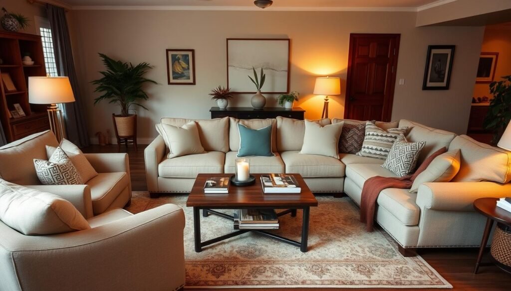 Cozy living room with a conversation area, layered textiles, and warm lighting Cozy living room with a conversation area, layered textiles, and warm lighting