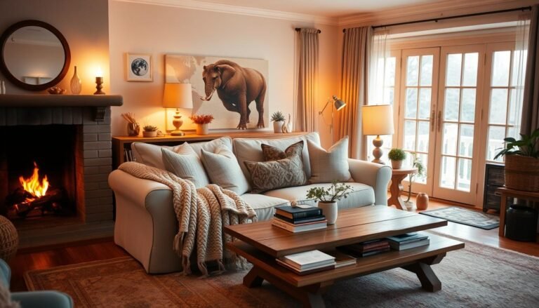 Cozy living room with soft textiles, warm lighting, and natural elements