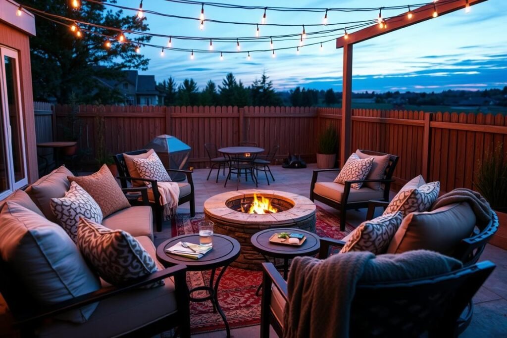 Cozy outdoor fire pit area with comfortable cushions, blankets, and side tables
