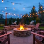 Cozy outdoor fire pit area with comfortable seating and ambient lighting at dusk