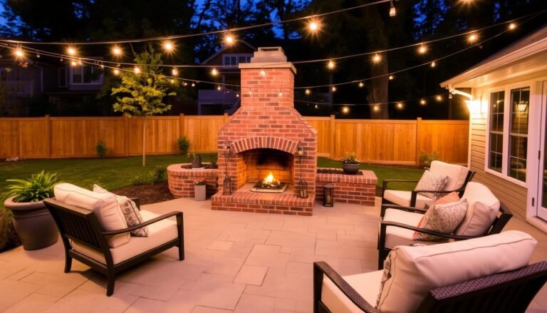 Cozy outdoor living space with DIY brick fireplace and seating area