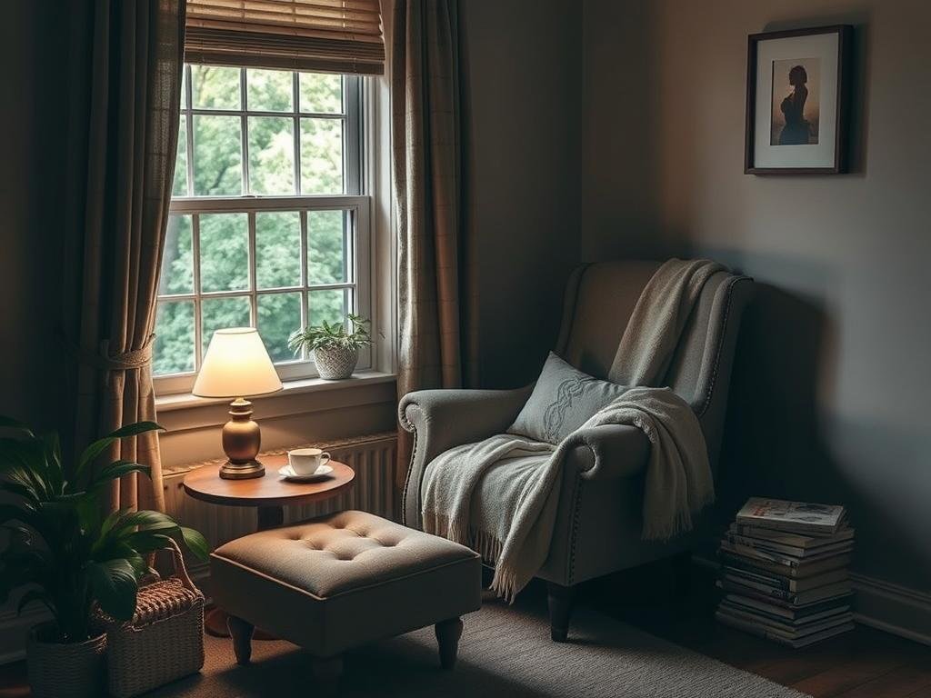 Cozy reading nook with comfortable chair, good lighting, and personal touches Cozy reading nook with comfortable chair, good lighting, and personal touches