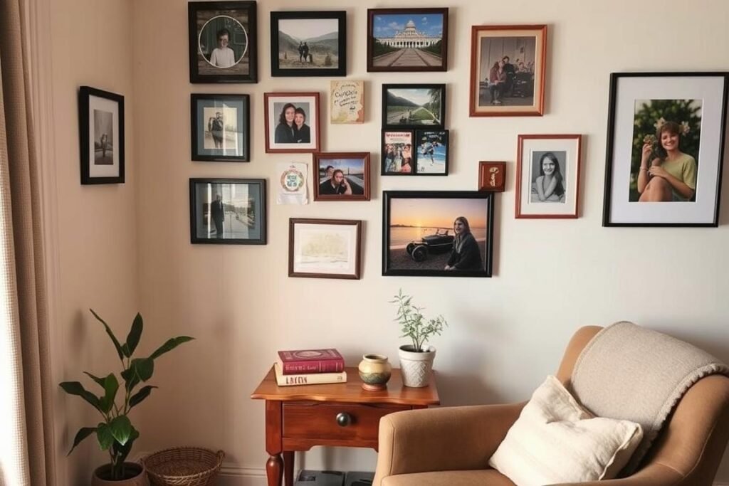 Cozy room corner with personal touches including framed photos and mementos Cozy room corner with personal touches including framed photos and mementos