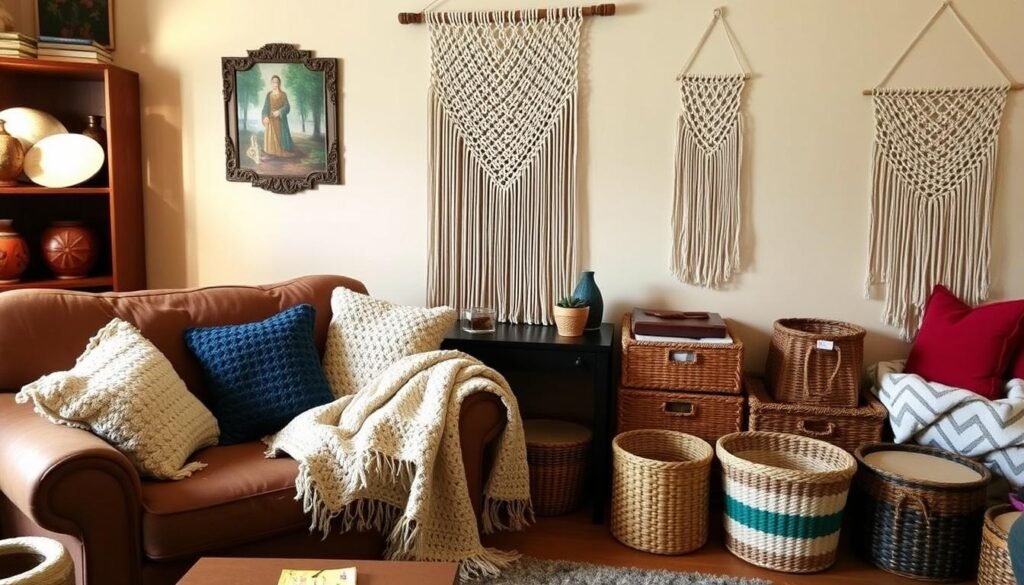 Cozy room featuring multiple crochet decor items including pillows, a throw, wall hanging, and baskets Cozy room featuring multiple crochet decor items including pillows, a throw, wall hanging, and baskets