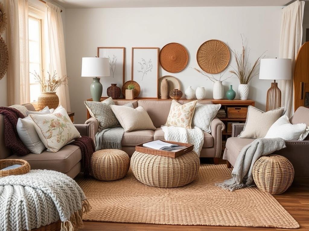 Cozy room showcasing a variety of textures that create depth and interest Cozy room showcasing a variety of textures that create depth and interest