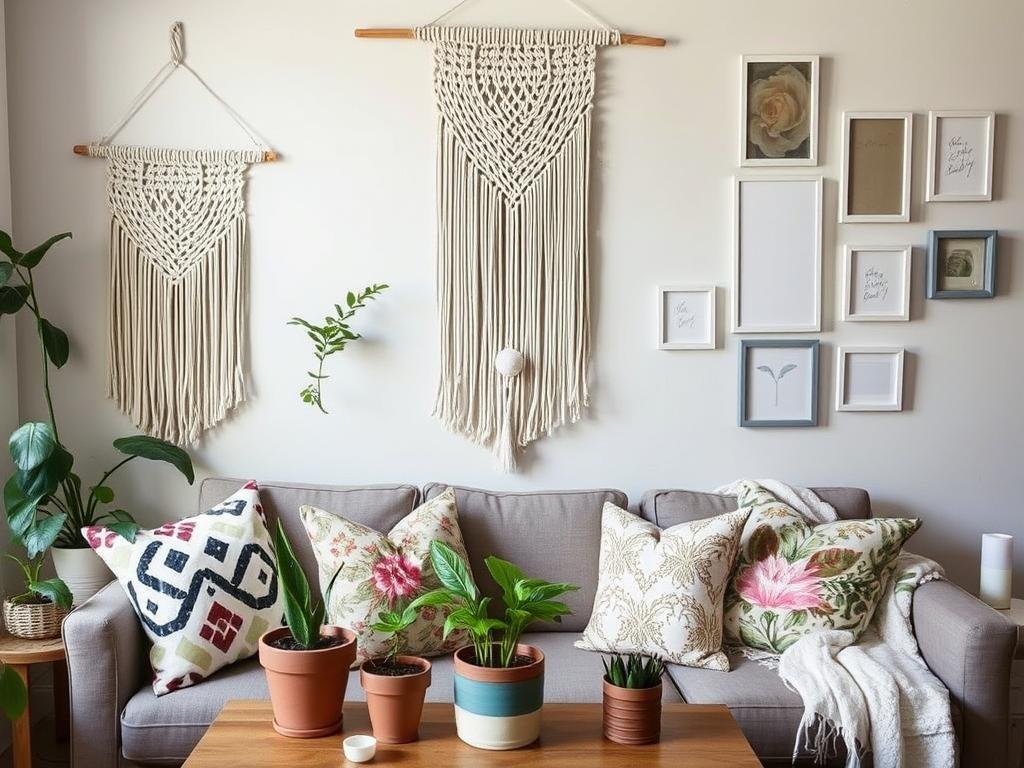 Cozy room with DIY elements like handmade textiles and repurposed decor Cozy room with DIY elements like handmade textiles and repurposed decor