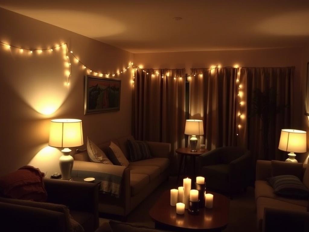 Cozy room with warm, layered lighting creating a soft glow Cozy room with warm, layered lighting creating a soft glow