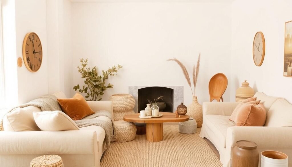 Cozy room with warm neutral color palette and varied textures Cozy room with warm neutral color palette and varied textures