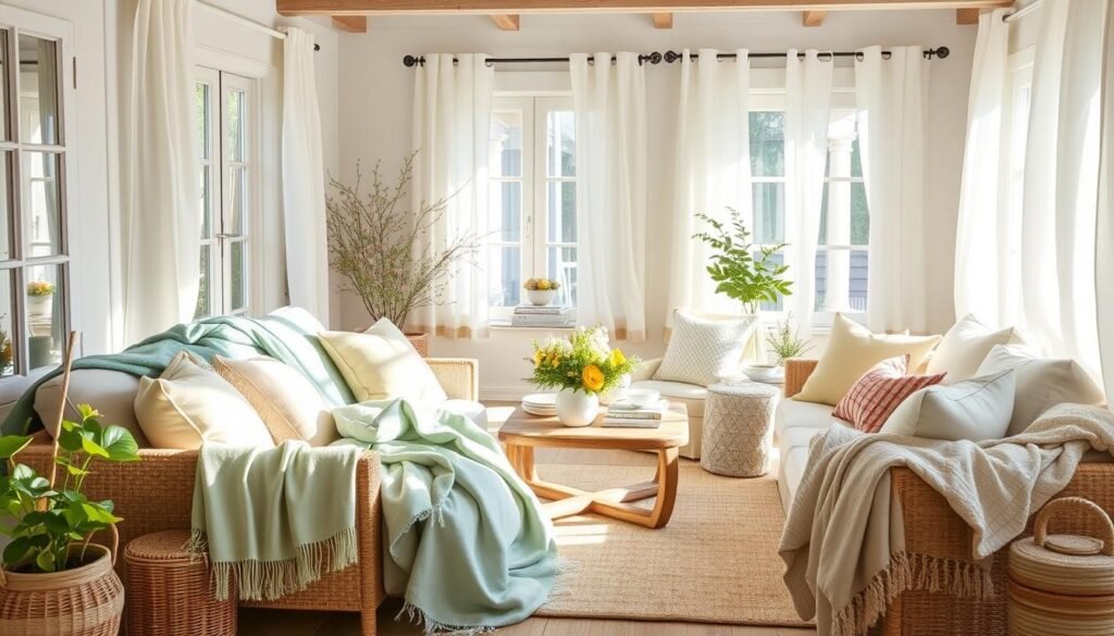 Cozy spring/summer room with lighter fabrics, fresh colors, and natural elements Cozy spring/summer room with lighter fabrics, fresh colors, and natural elements