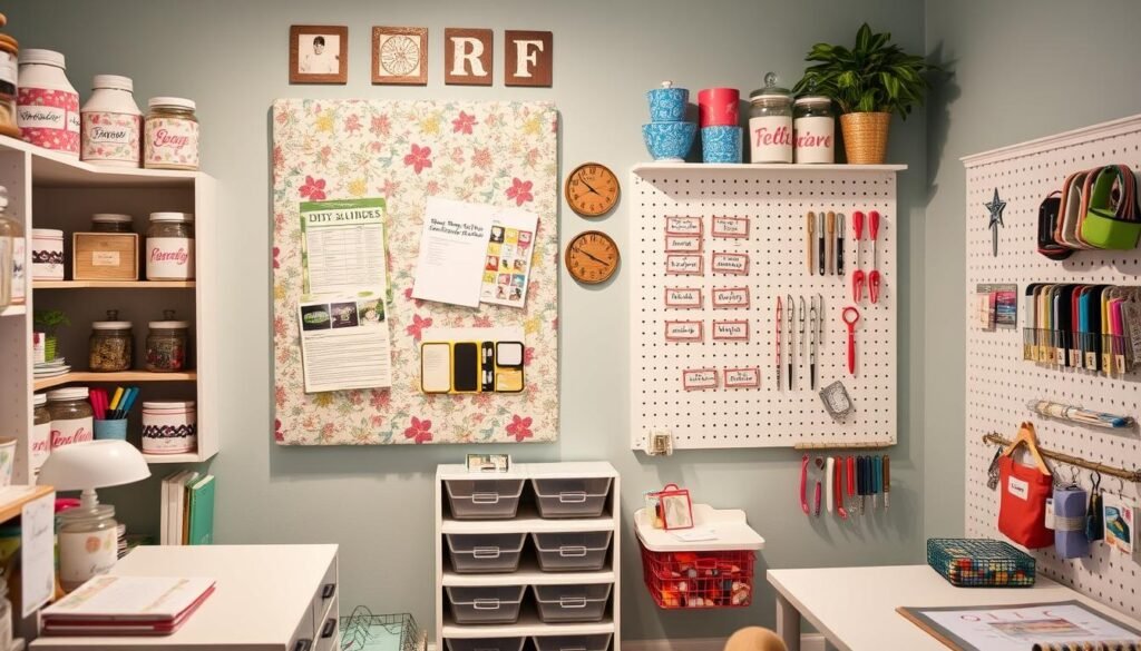Craft room featuring handmade decor items including fabric-covered bulletin board, painted storage jars, and custom labels