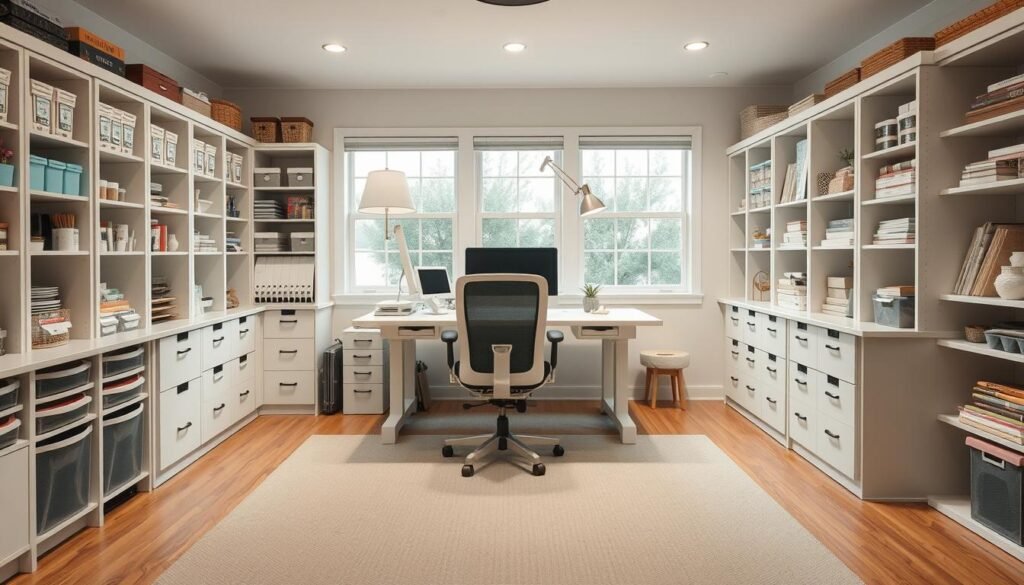 Craft room with a large white craft table, comfortable chair, and coordinated storage furniture