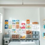 Craft room with gallery wall featuring colorful prints, pegboards, and floating shelves