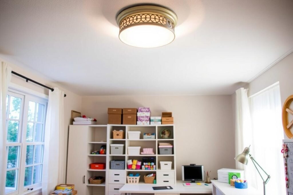 Craft room with layered lighting including overhead fixture, desk lamp, and natural light from windows