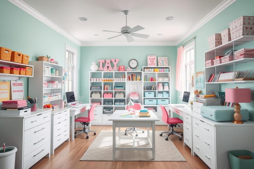 Craft room with pastel color scheme featuring mint green walls, white furniture, and pink accents