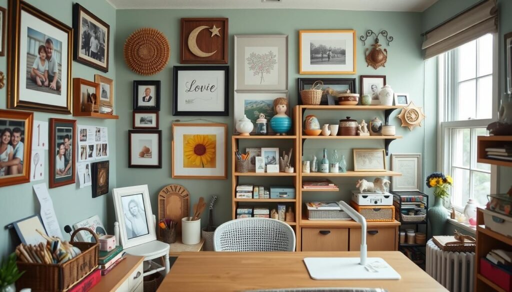Craft room with personal touches including framed family photos, handmade artwork, and meaningful mementos displayed on shelves
