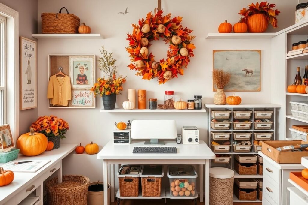 Craft room with seasonal decor elements including autumn-themed wreath, pumpkin accents, and fall-colored supplies on display