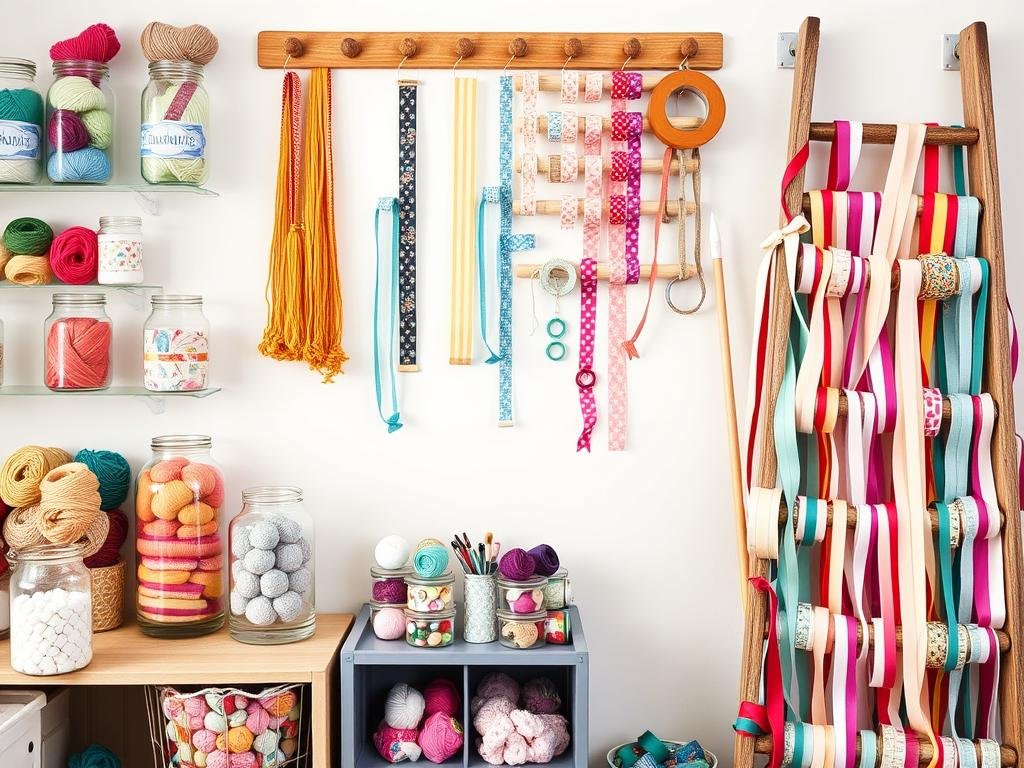 Craft room with supplies artfully displayed including colorful yarn in glass jars, washi tape on wall-mounted dowels, and ribbons on a vintage ladder