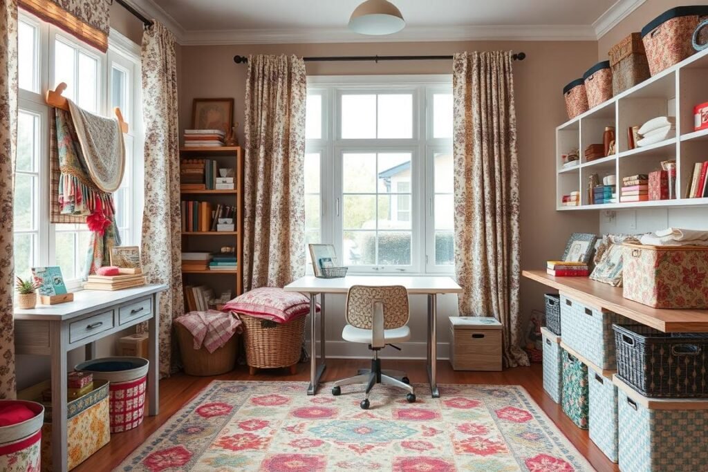 Craft room with textile elements including patterned curtains, a colorful area rug, and fabric-covered storage boxes