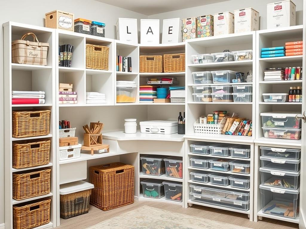 Craft room with various storage solutions including cube shelves, baskets, and clear containers