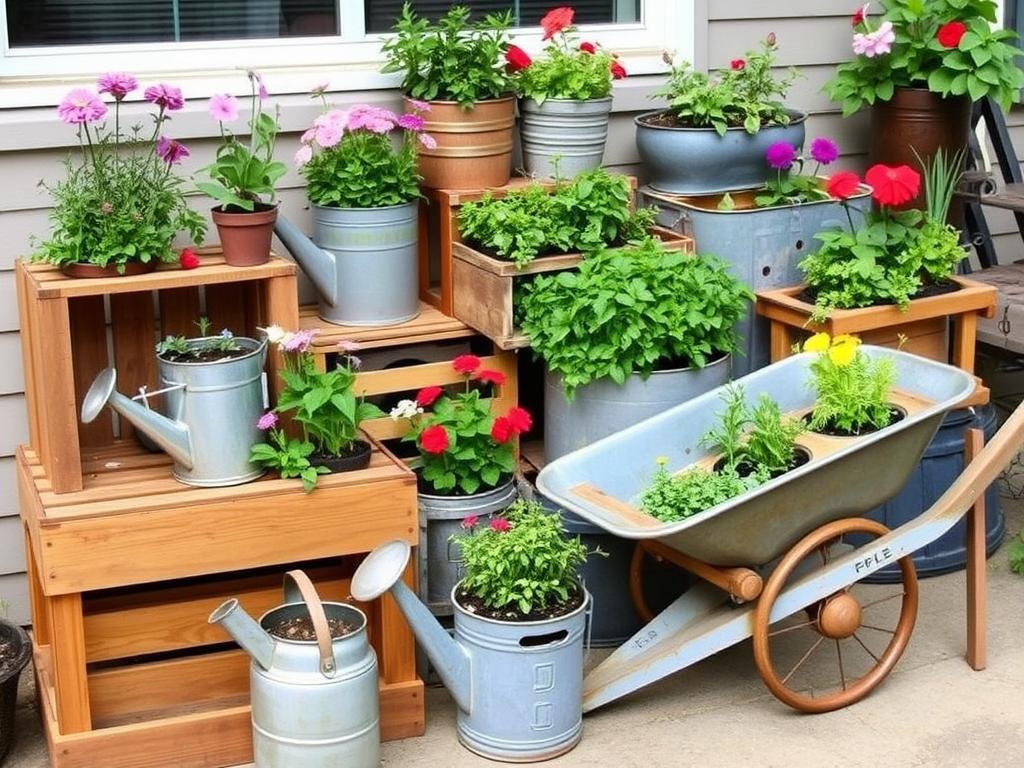 Creative container garden using repurposed items as planters