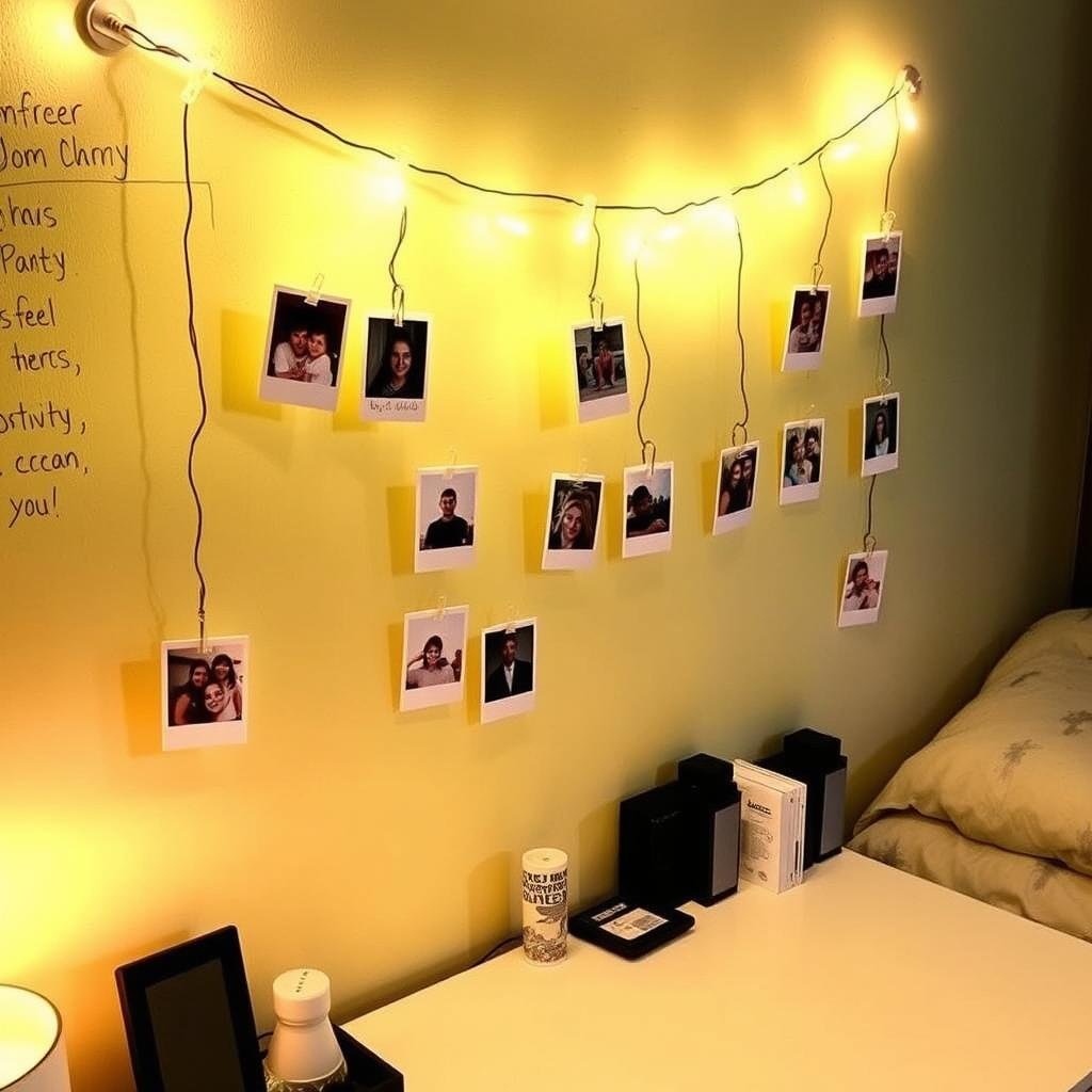 Creative photo display in dorm room using string lights and clips Creative photo display in dorm room using string lights and clips