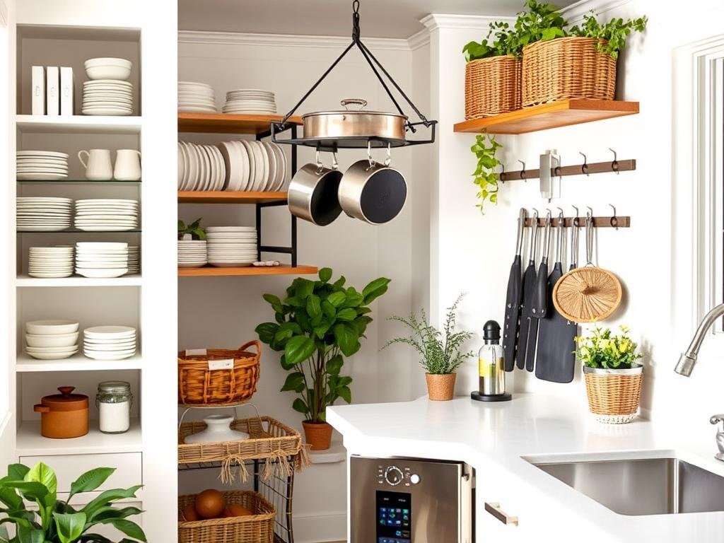Creative storage solutions in a small kitchen including open shelving and hanging pot rack Creative storage solutions in a small kitchen including open shelving and hanging pot rack