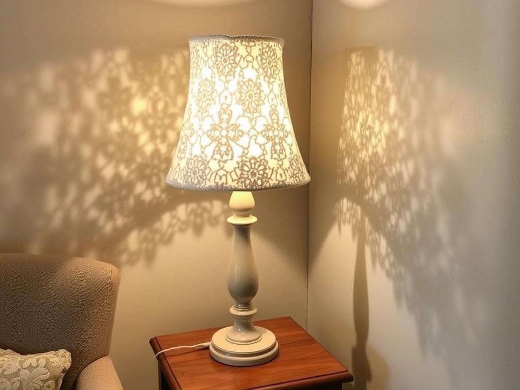 Crochet lampshade cover casting beautiful shadow patterns on the wall Crochet lampshade cover casting beautiful shadow patterns on the wall