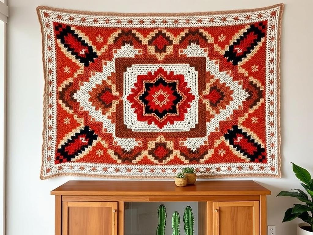 Crochet tapestry with geometric pattern in earth tones Crochet tapestry with geometric pattern in earth tones