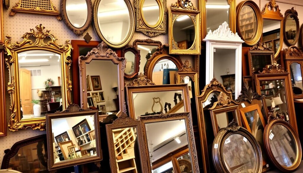 Curated collection of antique mirrors in various styles displayed in an antique shop Curated collection of antique mirrors in various styles displayed in an antique shop