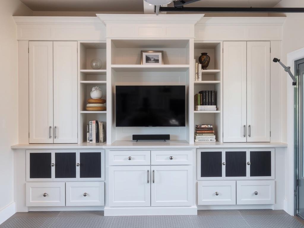Custom built-in cabinets and entertainment center in garage conversion Custom built-in cabinets and entertainment center in garage conversion
