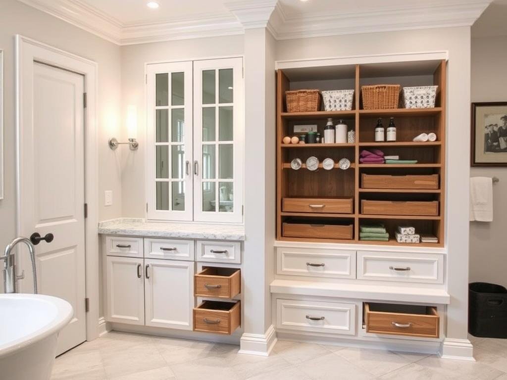Custom built-in storage in a master bathroom remodel Custom built-in storage in a master bathroom remodel