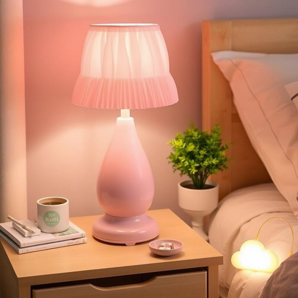 Cute bedside lamp with a decorative shade and a small night light shaped like a cloud creating a soft glow Cute bedside lamp with a decorative shade and a small night light shaped like a cloud creating a soft glow