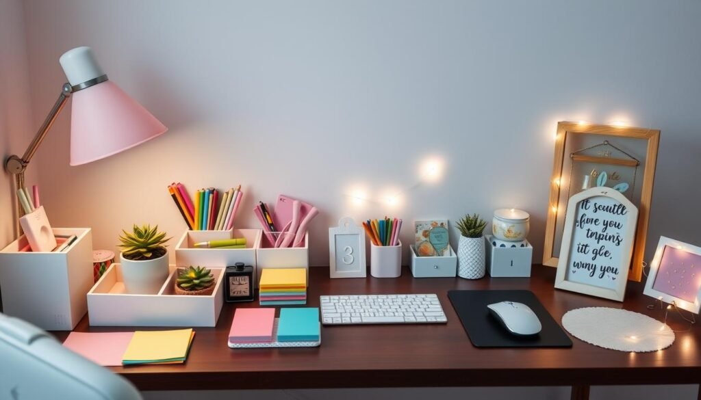 Cute desk setup with colorful organizers, a decorative lamp, plants, and personalized accessories Cute desk setup with colorful organizers, a decorative lamp, plants, and personalized accessories
