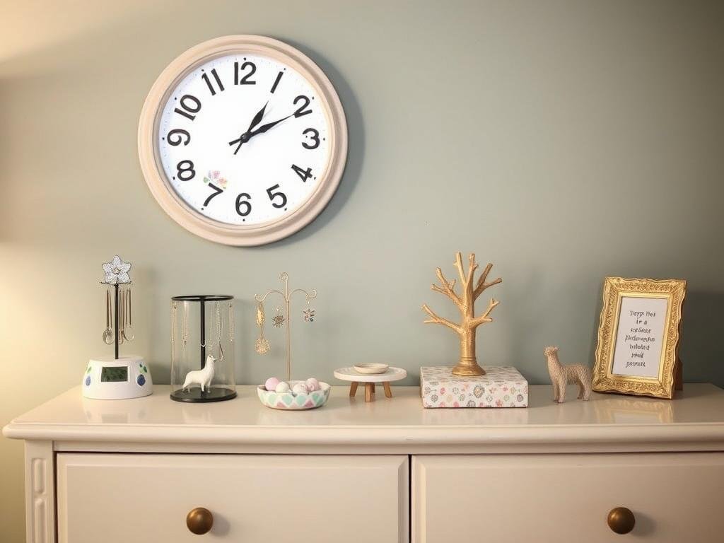 Cute functional accessories including a decorative wall clock, jewelry holders, and trinket dishes arranged on a dresser Cute functional accessories including a decorative wall clock, jewelry holders, and trinket dishes arranged on a dresser