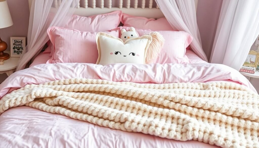 Cute room decor featuring a bed with layered pastel bedding, decorative pillows, and a soft throw blanket Cute room decor featuring a bed with layered pastel bedding, decorative pillows, and a soft throw blanket