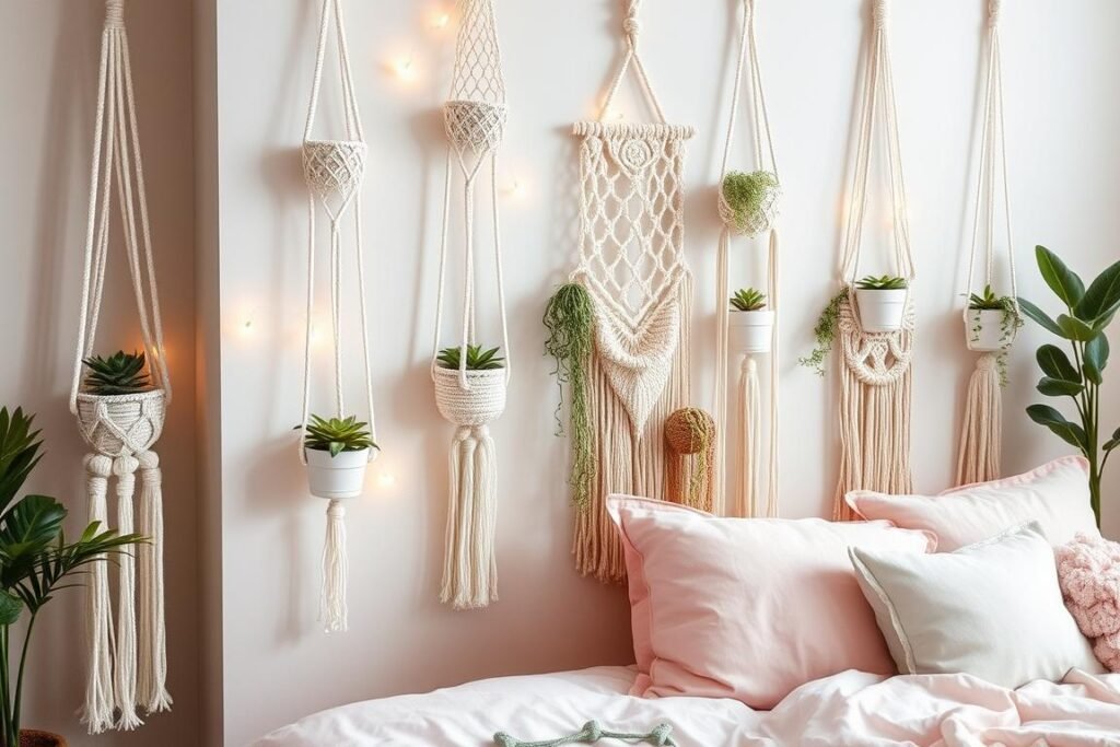 Cute room decor featuring macramé wall hangings and hanging plants in decorative pots adding texture to a bedroom wall Cute room decor featuring macramé wall hangings and hanging plants in decorative pots adding texture to a bedroom wall