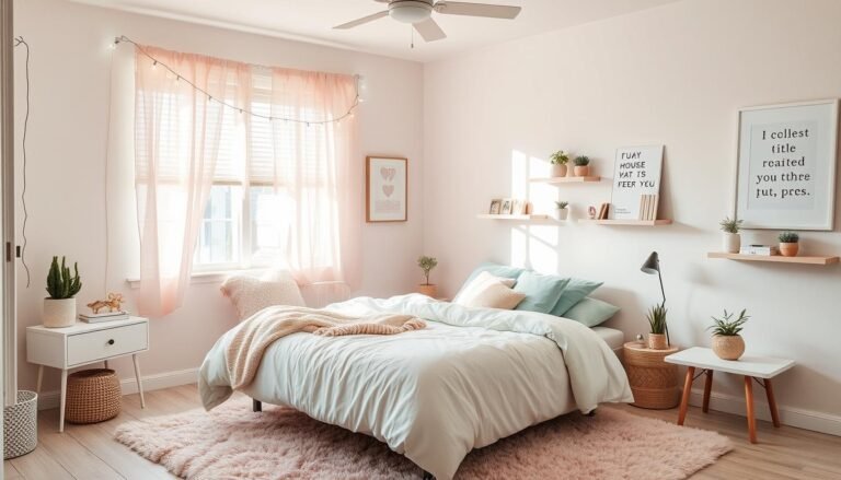Cute room decor featuring pastel colors, string lights, and plush accessories arranged on a bed with floating shelves displaying plants and decorative items
