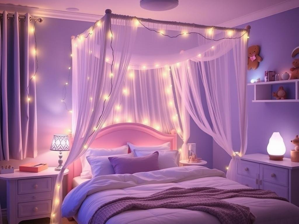 Cute room decor featuring string lights, a decorative lamp, and LED light strips creating a warm, cozy glow in a bedroom Cute room decor featuring string lights, a decorative lamp, and LED light strips creating a warm, cozy glow in a bedroom